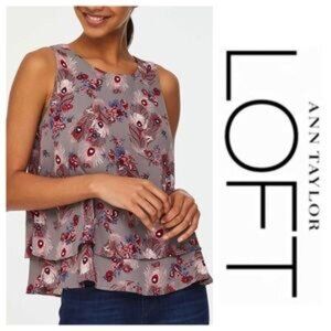 Loft Outlet Sleeveless Tiered Top Women’s Size S Gray Peacock Feather Floral NWT